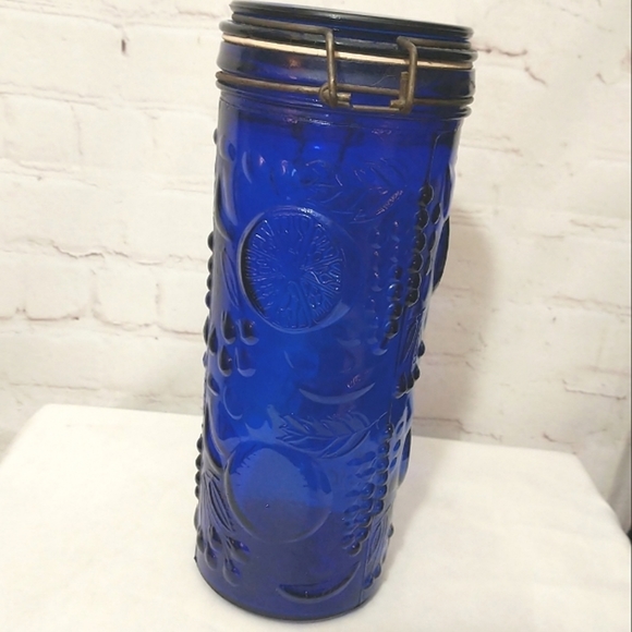 Vintage Cobalt Blue Glass Fruit Embossed Canister with Metal Hinged Lid 10" - Picture 4 of 10
